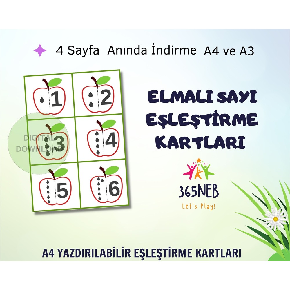 Elmalı Sayı Eşleştirme Kartları|Sayı Bilgi Kartları|Montessori bilgi kartları