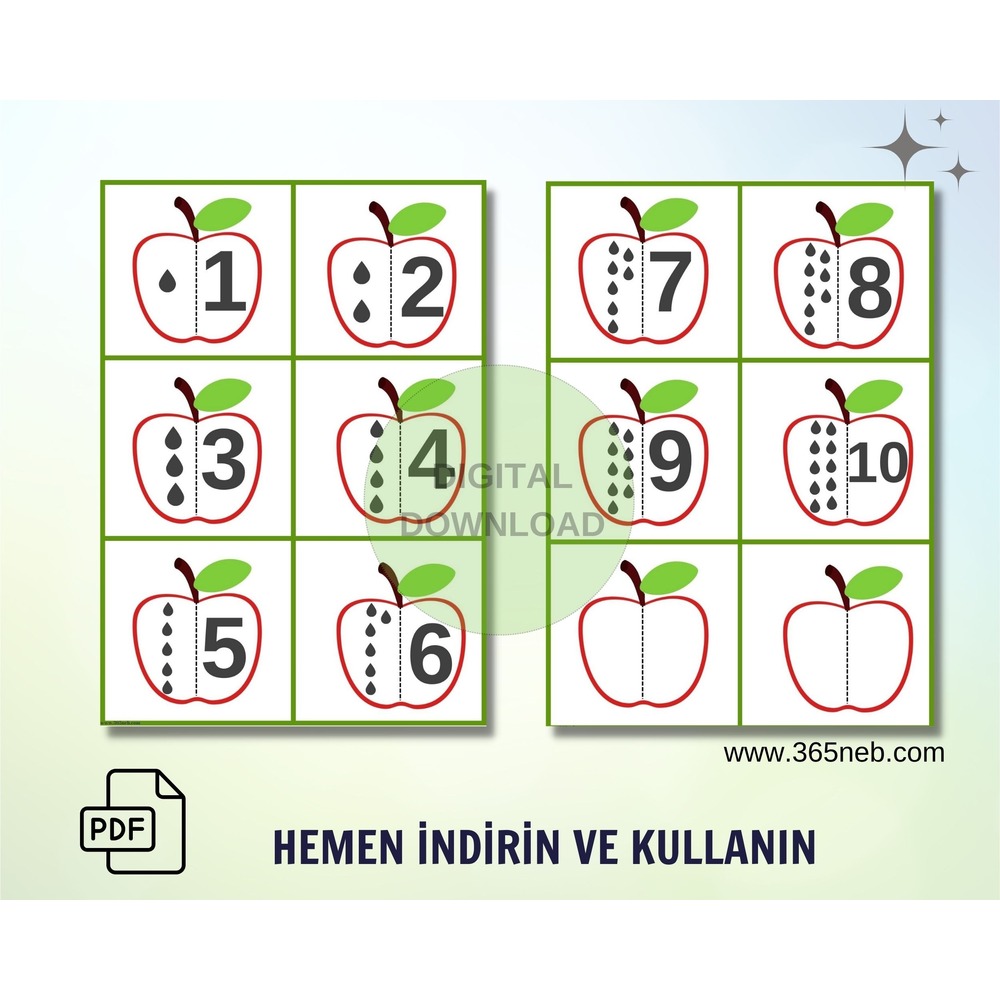 Elmalı Sayı Eşleştirme Kartları|Sayı Bilgi Kartları|Montessori bilgi kartları