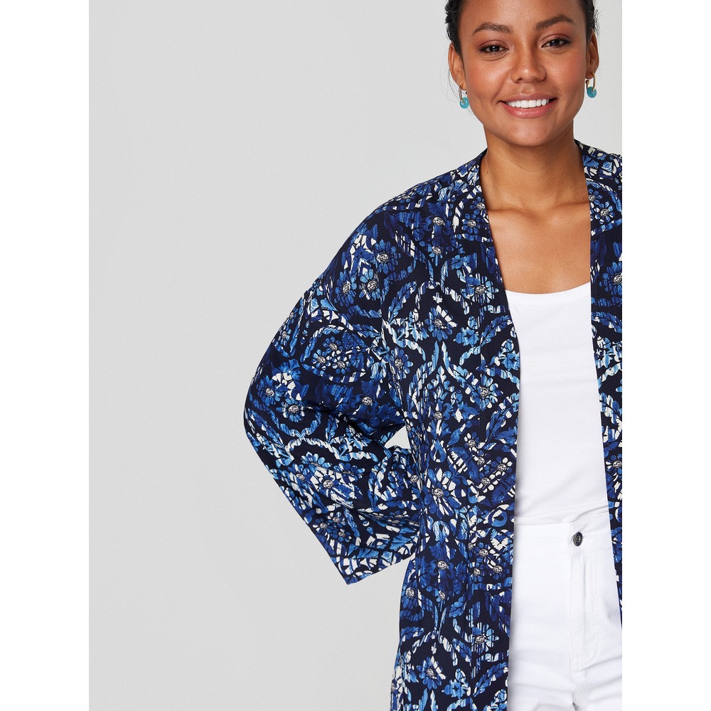Alleggria Paula Siyah Zemin İndigo Çiçek Baskı Kimono E64804