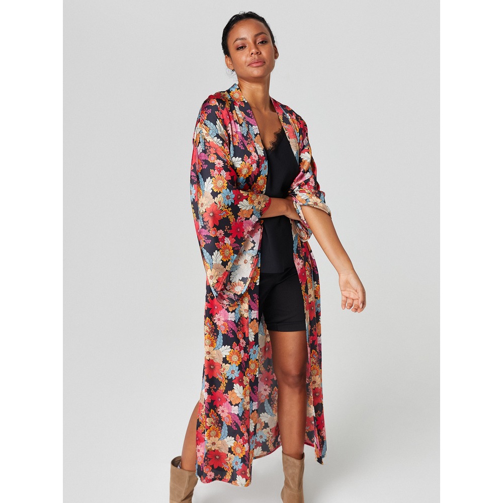 Alleggria Olivia Siyah Zemin Renkli Çiçekli Saten Uzun Kimono E64815