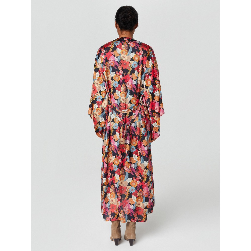 Alleggria Olivia Siyah Zemin Renkli Çiçekli Saten Uzun Kimono E64815