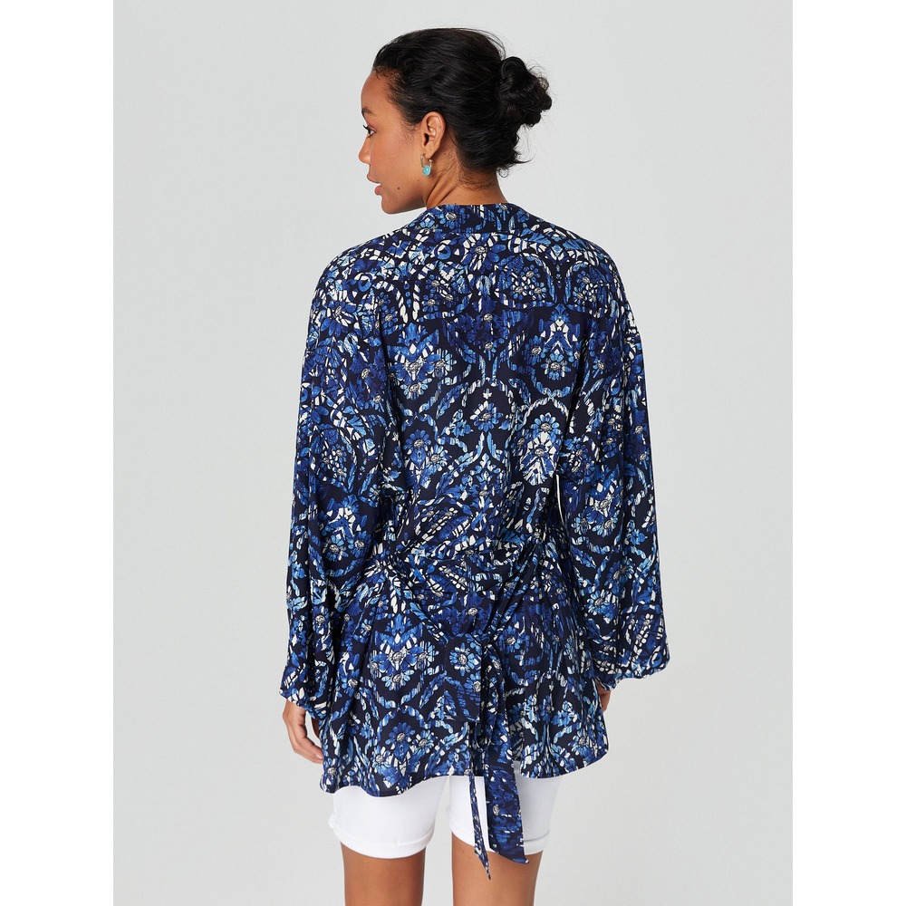 Alleggria Paula Siyah Zemin İndigo Çiçek Baskı Kimono E64804