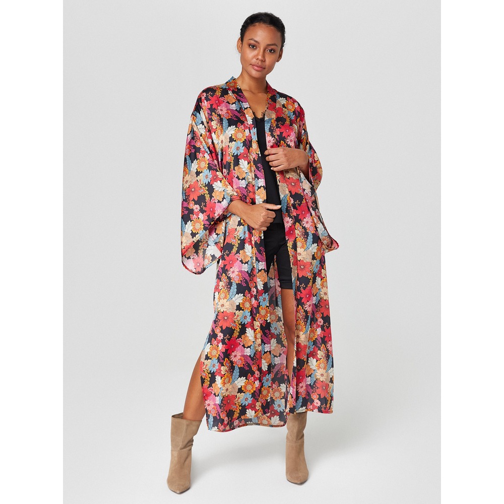 Alleggria Olivia Siyah Zemin Renkli Çiçekli Saten Uzun Kimono E64815