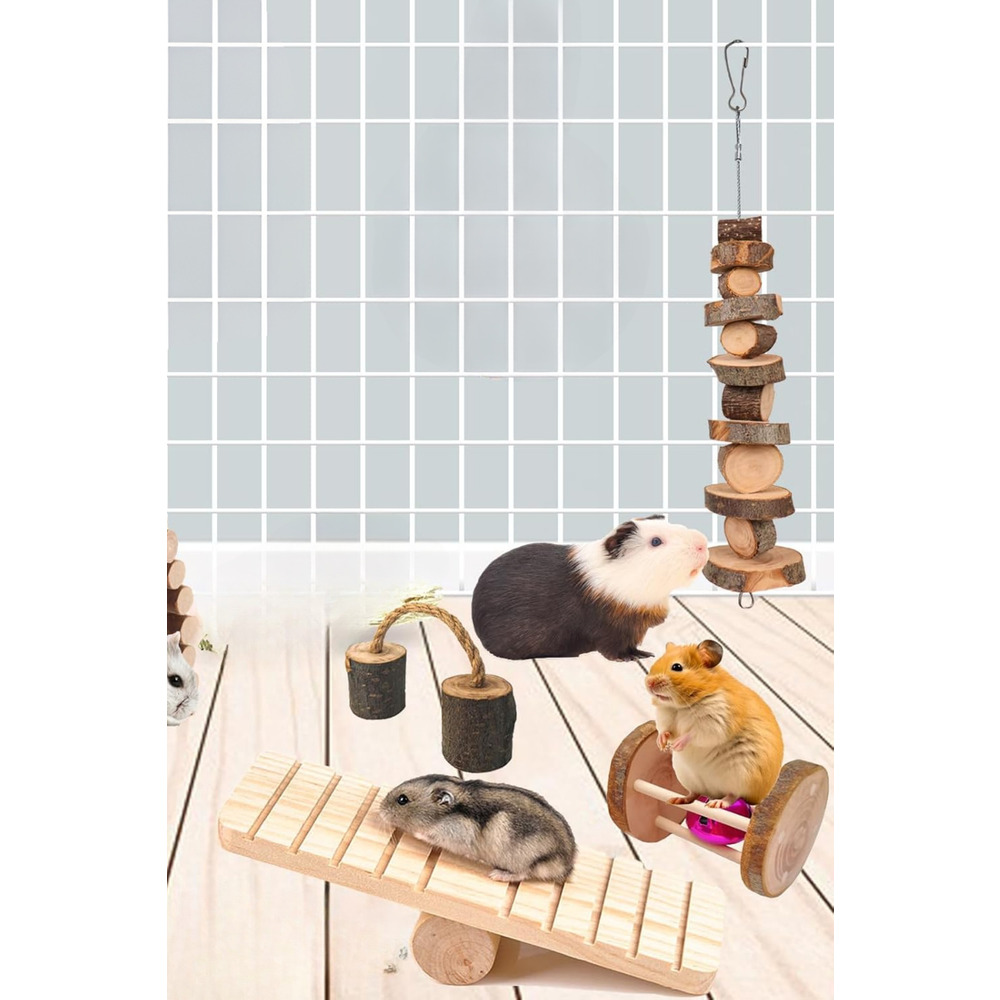 Doğal Ahşap Kemirgen Seti (6 Parça) - Hamster, Gine Pig, Tavşan, Çinçilla için Kafes Aksesuarları