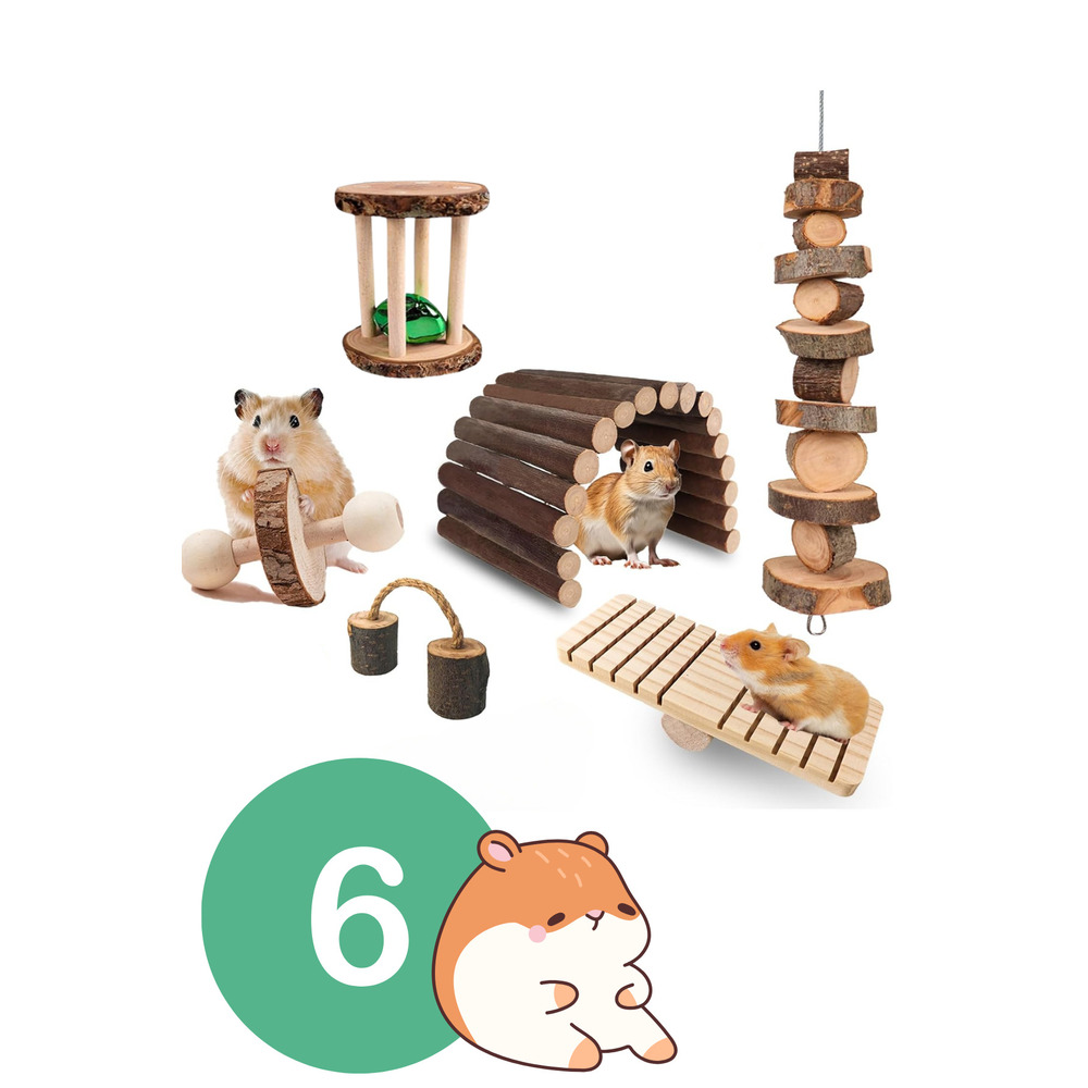 Doğal Ahşap Kemirgen Seti (6 Parça) - Hamster, Gine Pig, Tavşan, Çinçilla için Kafes Aksesuarları