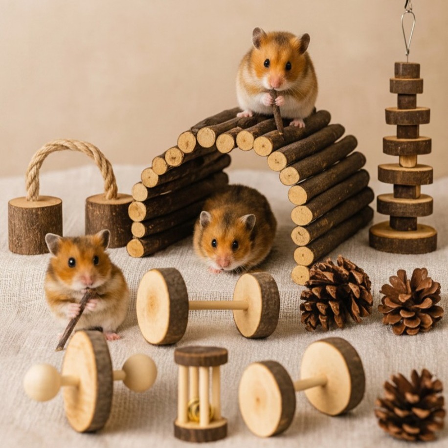 ALYONES 8'li Kemirgen Oyuncak Seti Ahşap Hamster Tavşan Guinea Pig Oyuncağı