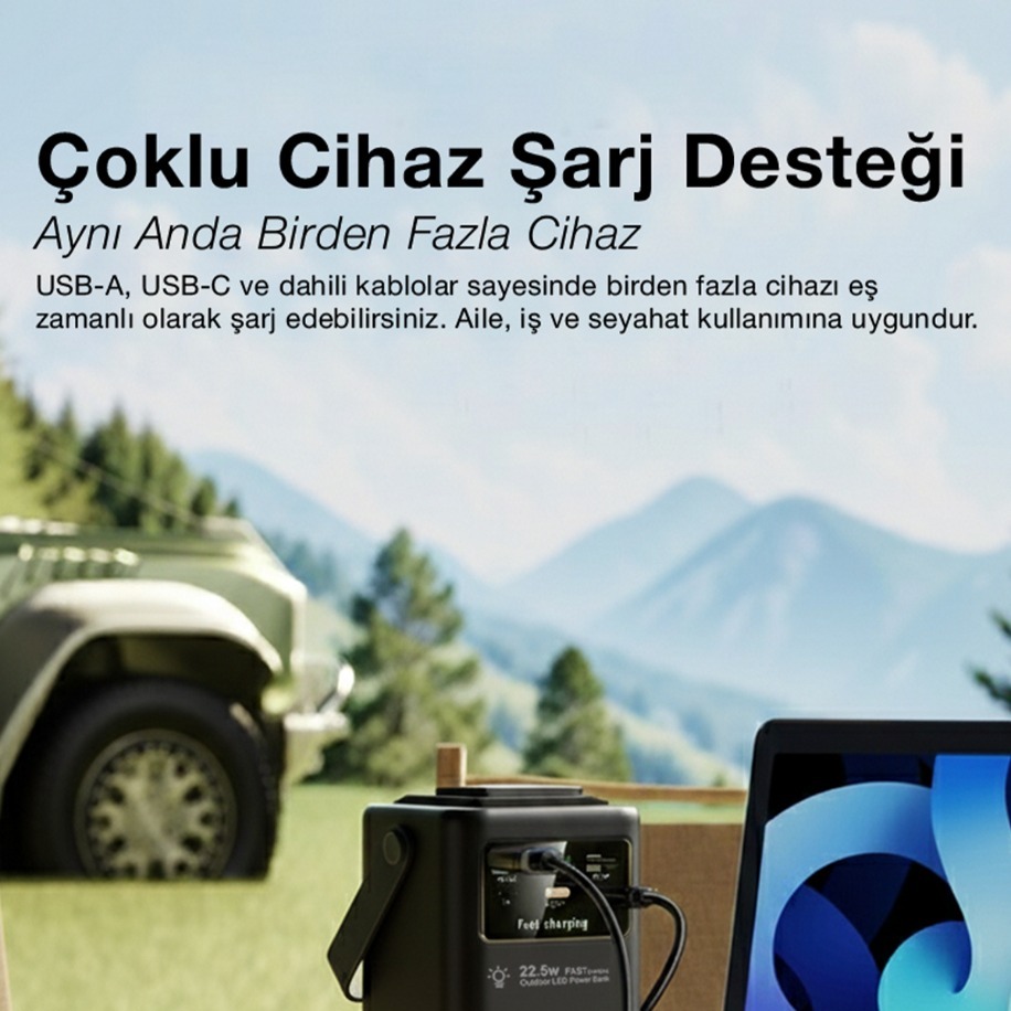 80.000mAh Kamp Lambalı 4 Kablolu Taşınabilir Powerbank görsel 2