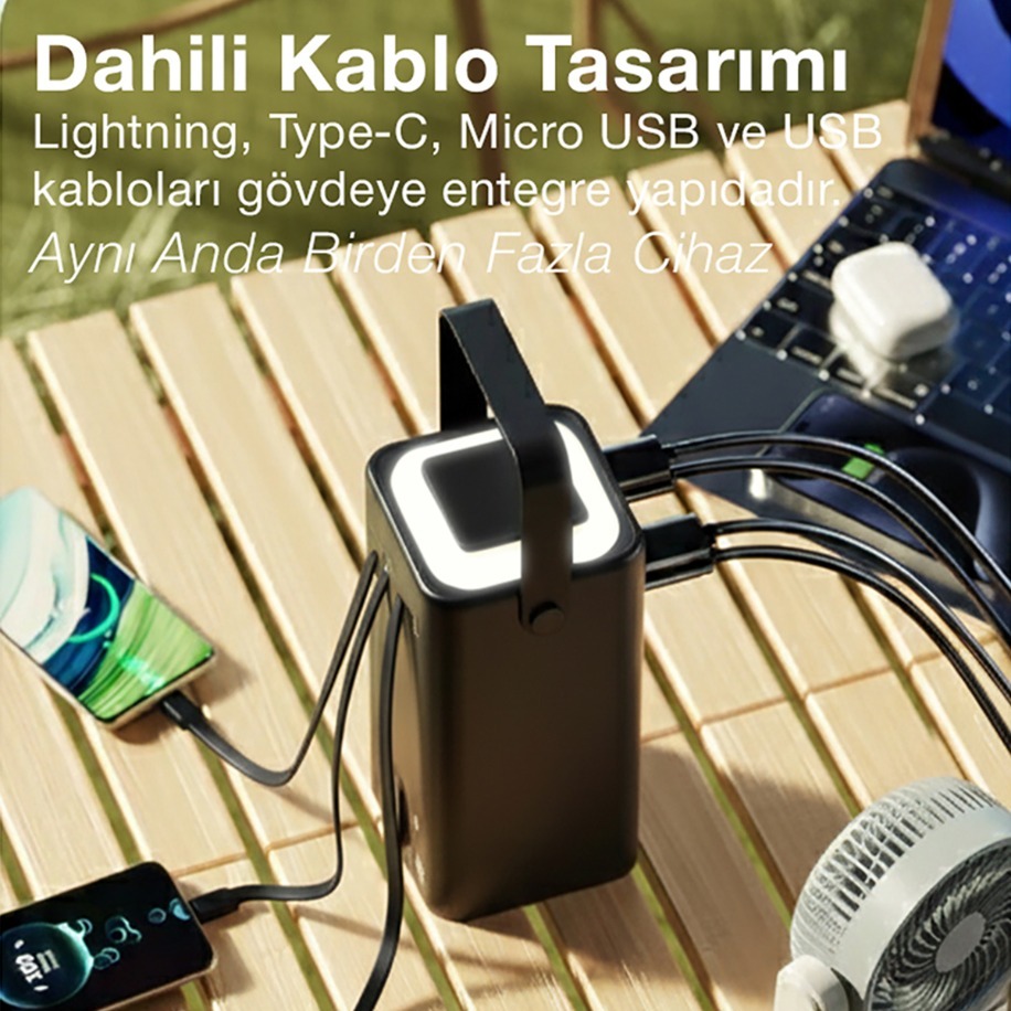 80.000mAh Kamp Lambalı 4 Kablolu Taşınabilir Powerbank görsel 4
