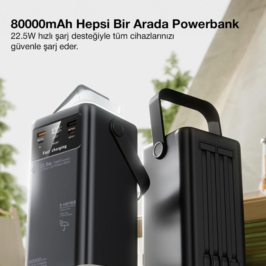 80.000mAh Kamp Lambalı 4 Kablolu Taşınabilir Powerbank görsel 3
