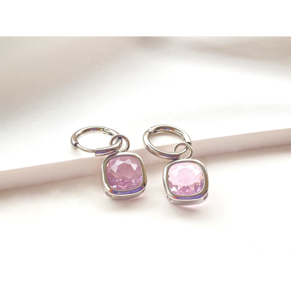 Tekli Baget Taşlı Pembe Çelik Küpe Silver | Blisst Co.