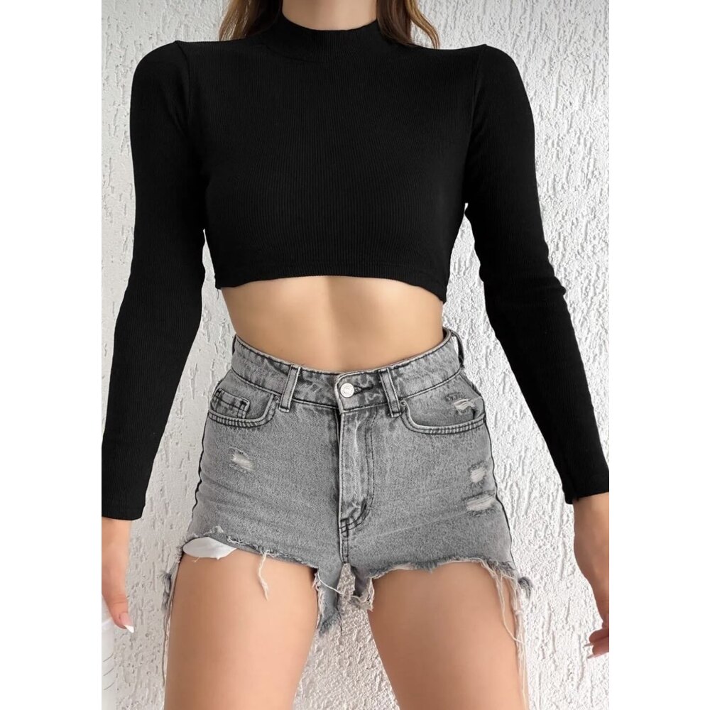 Balıkcı yaka uzun kollu slim crop | Clock_Giyim