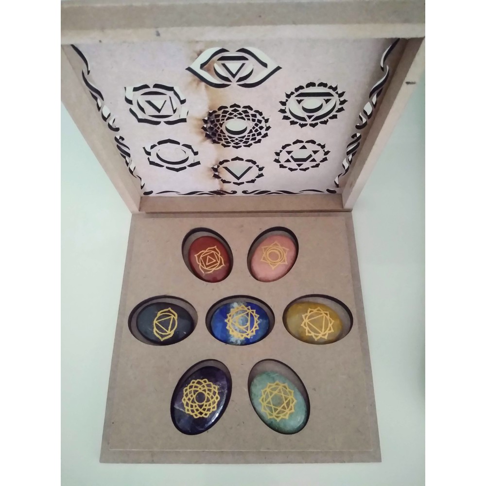 Seven Chakra Engraved Chakra Symbols Set With beautiful Wooden Box, EMF Protection, Gift For Her