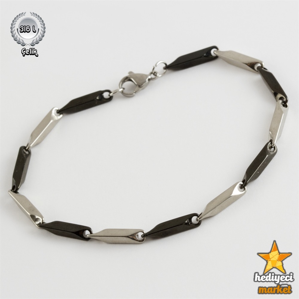 316 L Siyah ve Gümüş Renk Kalın Köşeli Erkek Çelik Bileklik - HMÇB-0068 || HM-03-00126-08