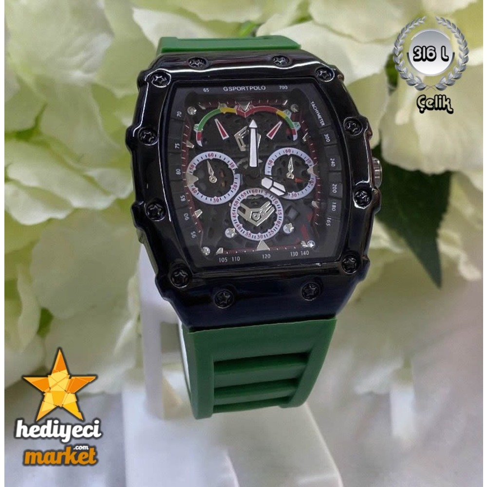 G Sport Polo Çelik Siyah Kasa ve Yeşil Slikon Erkek Kol Saati - HMES-0008 ||  HM-03-00107-08