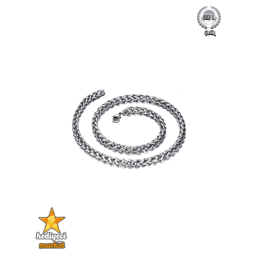 316 L Gümüş Rengi Kalın Örgü Paslanmaz Çelik Kolye - HMÇK-0041 || HM-03-00079-02