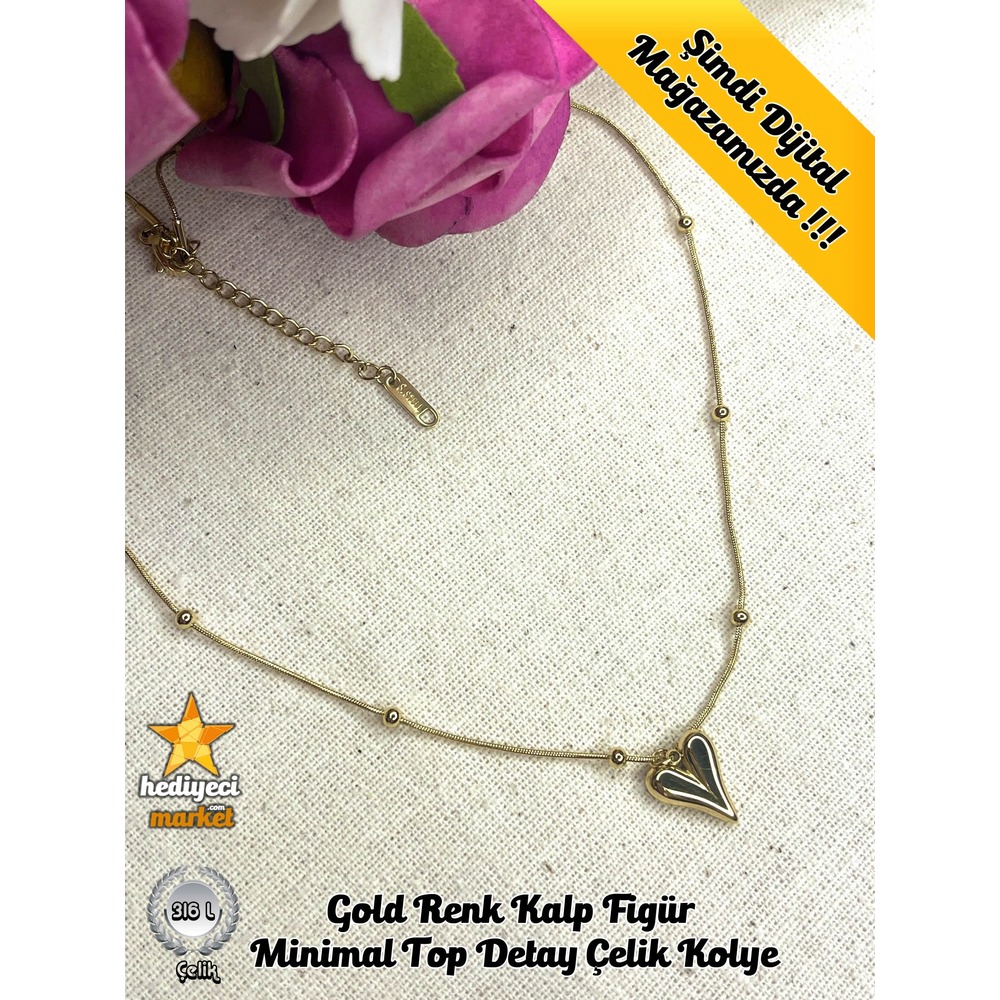 316 L Gold Renk Kalp Figür Minimal Top Detay Çelik Kolye - HMÇK-0009 || HM-03-00051-01