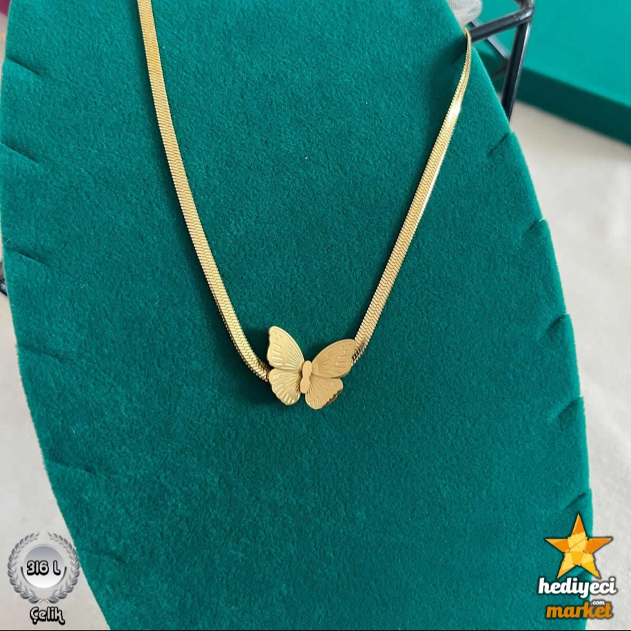 316 L Gold Renk Italyan Model Kelebek Figür Kadın Çelik Kolye - HMÇK-0056 || HM-03-00137-04