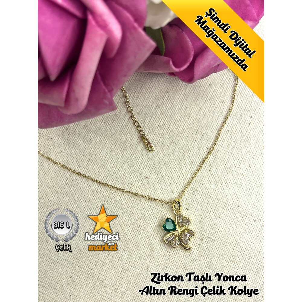 316 L Zirkon Taşlı Altın Rengi Yonca Çelik Kolye - HMÇK-0011 || HM-03-00053-01