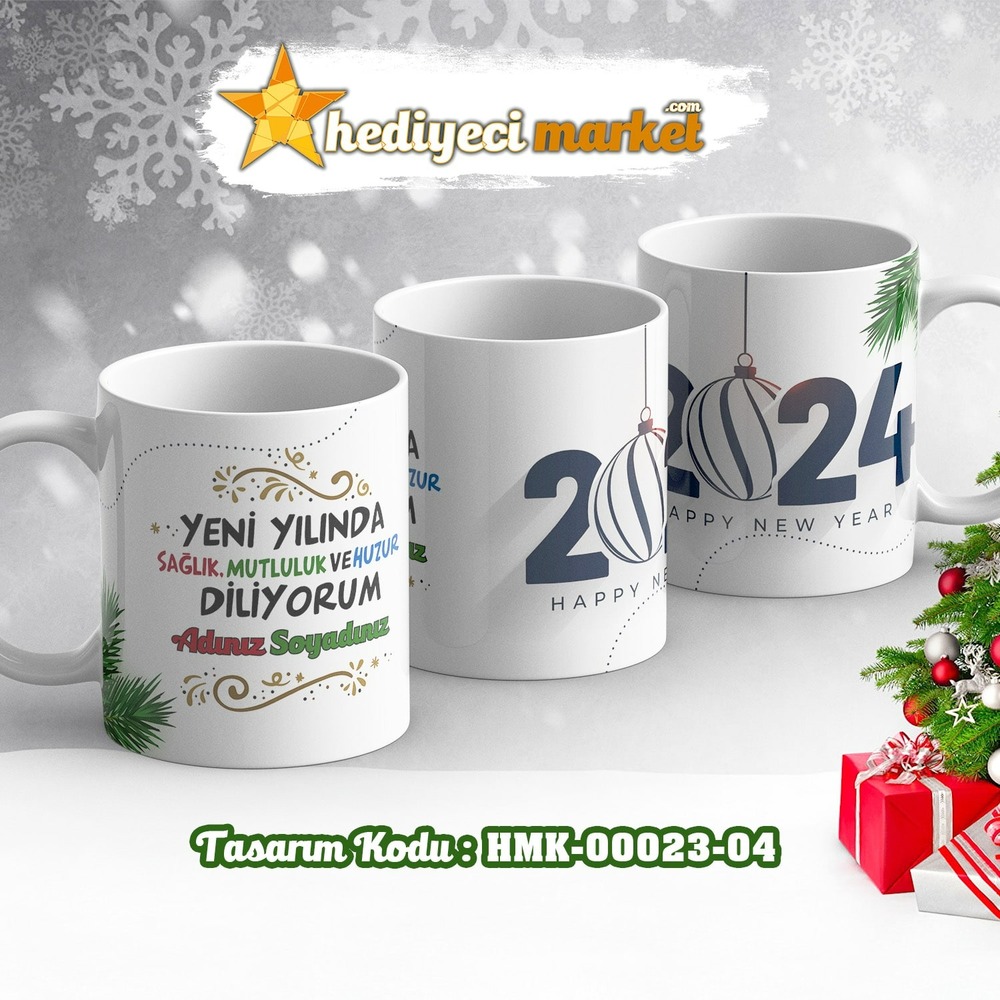 Kişiye Özel 2024 Yılbaşı Temalı Beyaz Kupa Bardak - HMK-00023-04 - HM-01-00075-04