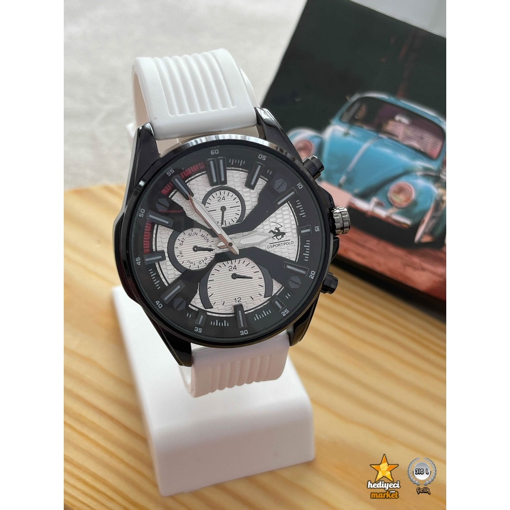 G Sport Polo Siyah Kasa ve Beyaz Slikon Kordon Erkek Kol Saati - HMES-0012 || HM-03-00107-12