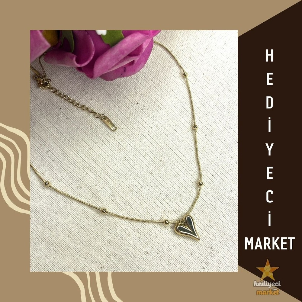 316 L Gold Renk Kalp Figür Minimal Top Detay Çelik Kolye - HMÇK-0009 || HM-03-00051-01