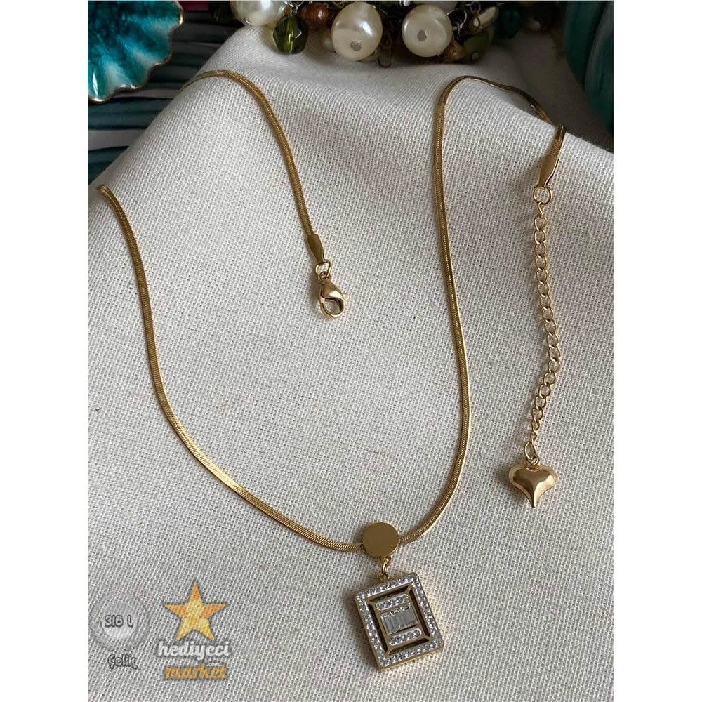 316 L Çelik Zirkon Taşlı Kuyumcu Model Kare Kolye - HMÇK-0010 || HM-03-00052-01