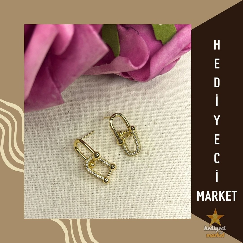 316 L Zirkon Taşlı Tiffany Gold Çelik Küpe - HMKÜ-0018 || HM-03-00115-05