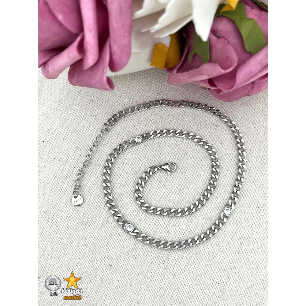 Zirkon Taş Detay Gurmet Gümüş Rendi Zincir Çelik Kolye - HMÇK-0039 || HM-03-00078-02