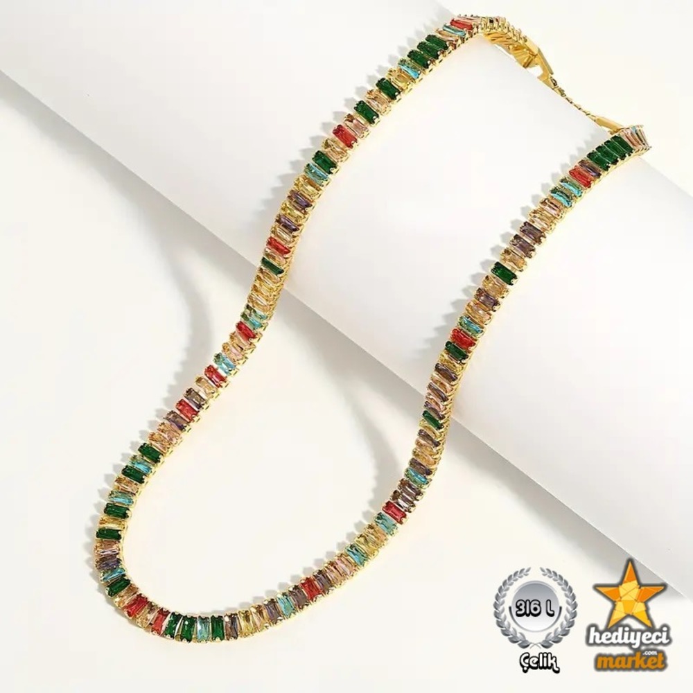 317 L Gold Zirkon Taşlı Baget Çok Renkli Su Yolu Kolye - HMÇK-0046