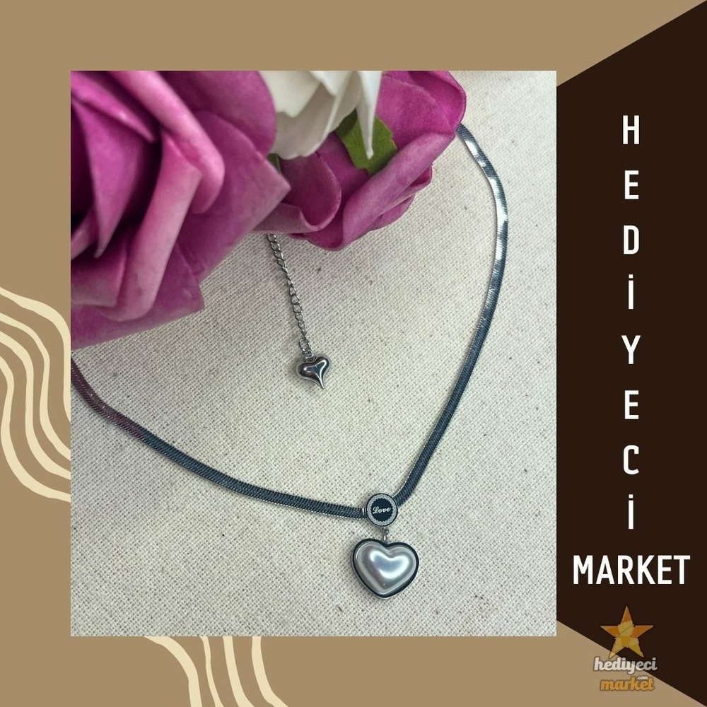 316 L İtalyan Zincirli Kalpli İnci Detaylı Silver Çelik Kolye - HMÇK-0050 || HM-03-00083-0