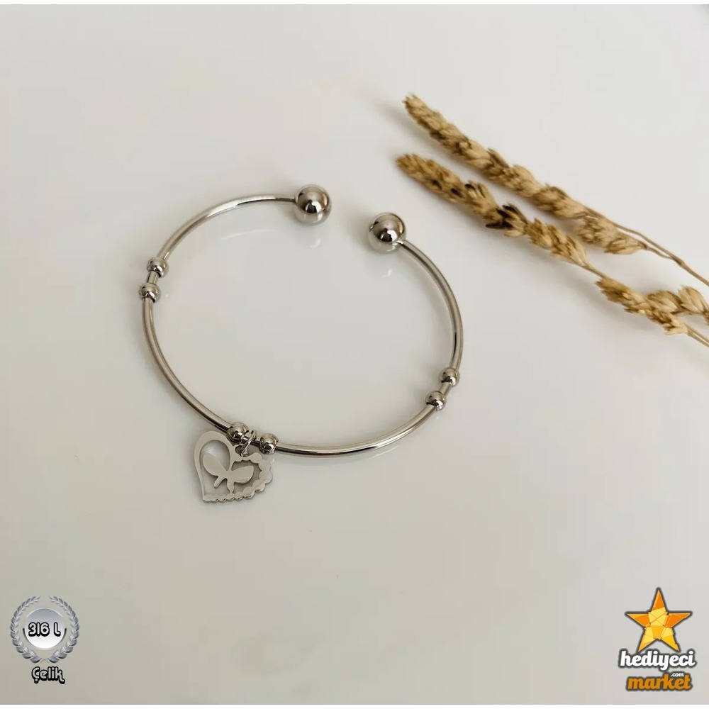 316 L Çelik Silver Kalpli ve Kelebekli Ayarlanabilir Bileklik - HMÇB-0014 || HM-03-00101-01