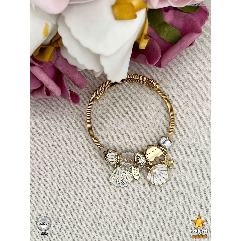 316 L Gold Beyaz Midye Kabuğu Çelik Pandora Model Bileklik - HMÇB-0031 || HM-03-00106-04