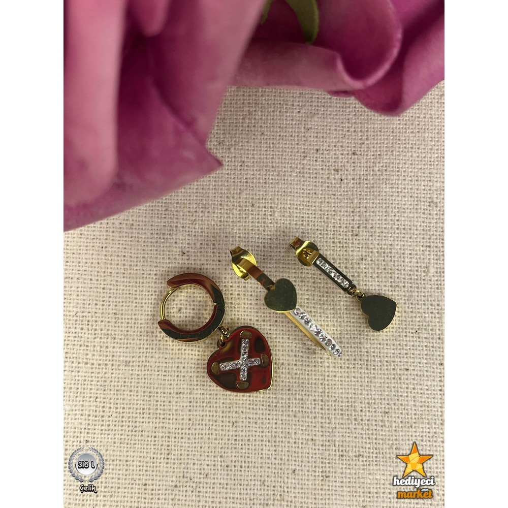 316 L Paslanmaz 3'lü Kalpli ve Zirkon Taşlı Çelik Küpe Seti - HMKÜ-0020 ||  HM-03-00115-07