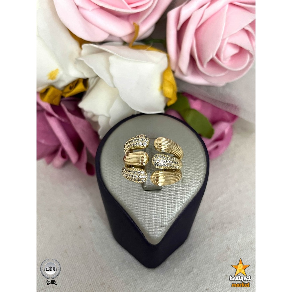 316 L 8 mm Gold Zirkon Taşlı Geniş Ayarlanabilir Çelik Yüzük - HMÇY-0010 || HM-03-00094-10