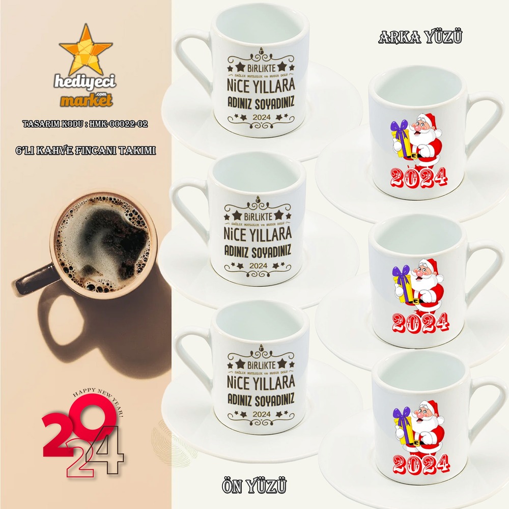 Yılbaşı Temalı Beyaz 6'lı Kahve Fincan Takımı - HMK-00022-02 - HM-01-00074-02
