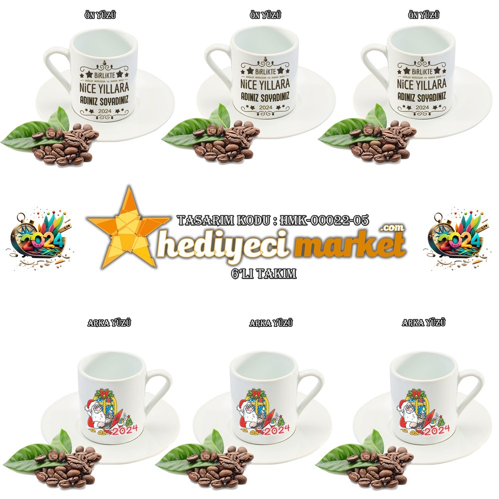 Yılbaşı Temalı Beyaz 6'lı Kahve Fincan Takımı - HMK-00022-05 - HM-01-00074-05