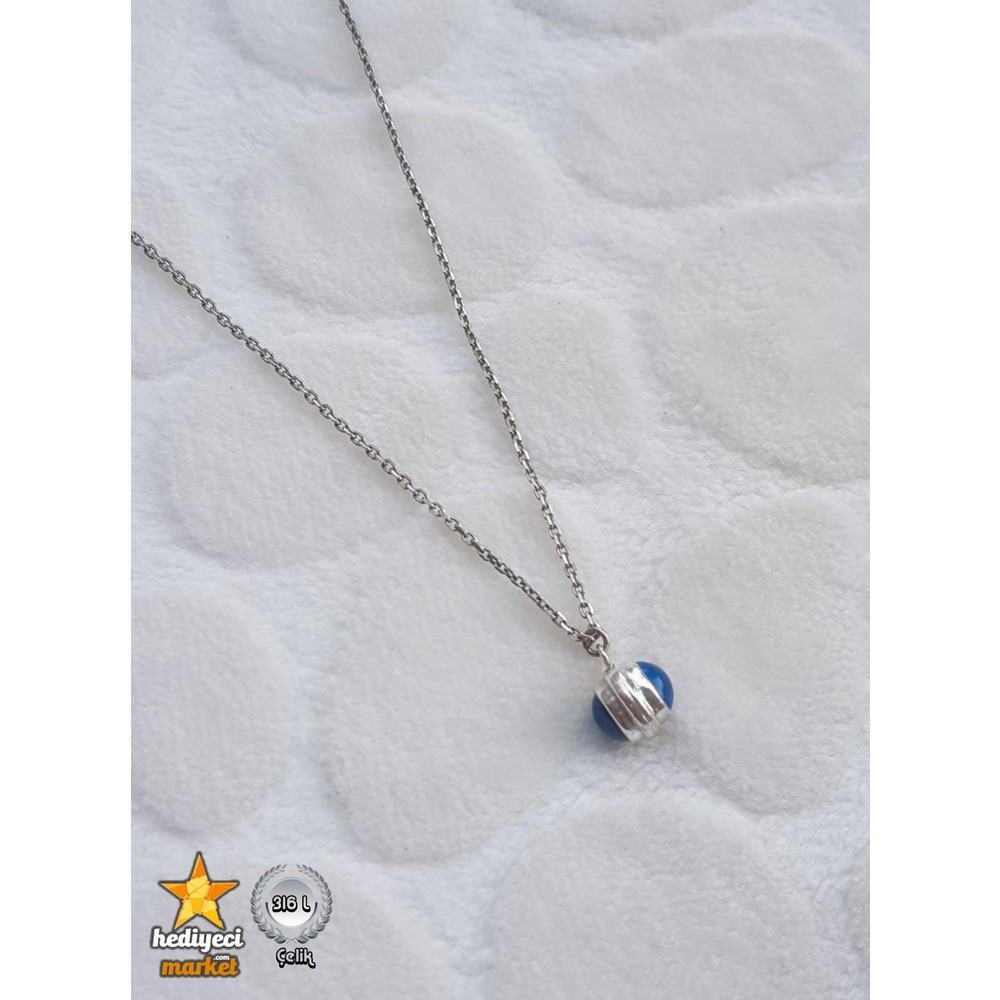 316 L Zincirli Minik Nazar Boncuklu Gümüş Rengi Çelik Kolye - HMÇK-0023 || HM-03-00064-02