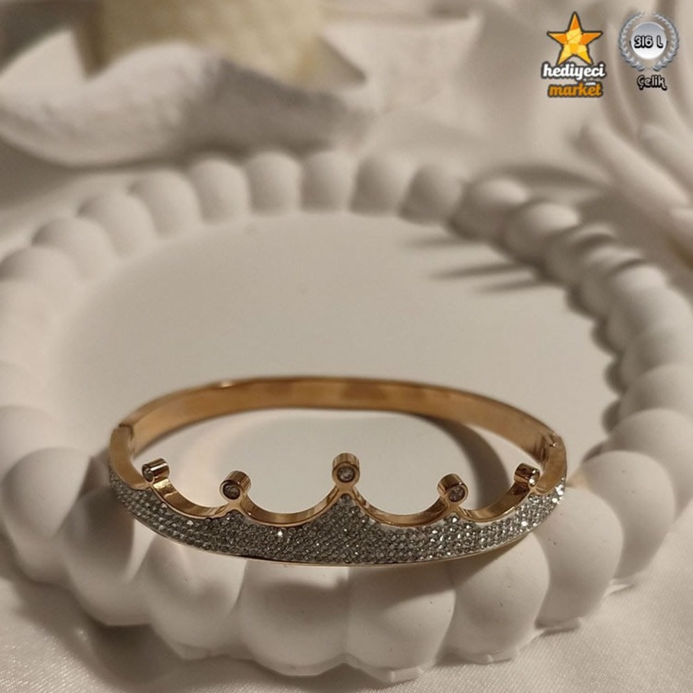 316 L Rose Zirkon Taşlı Taç Kelepçe Çelik Bileklik - HMÇB-0012 || HM-03-00100-02