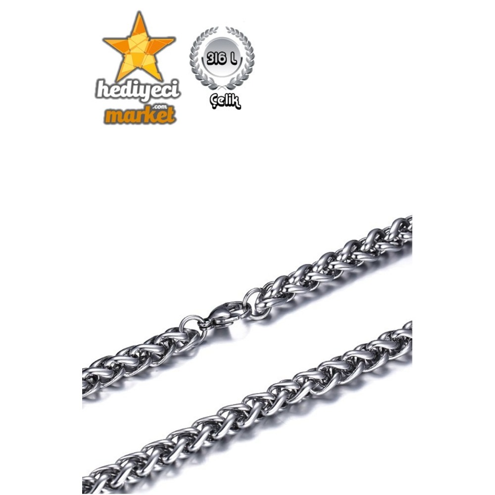 316 L Gümüş Rengi Kalın Örgü Paslanmaz Çelik Kolye - HMÇK-0041 || HM-03-00079-02