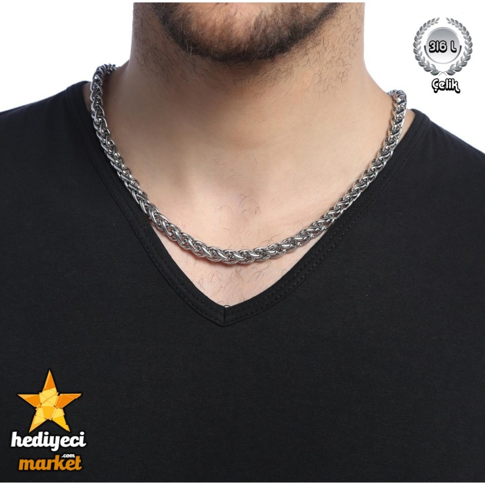 316 L Gümüş Rengi Kalın Örgü Paslanmaz Çelik Kolye - HMÇK-0041 || HM-03-00079-02