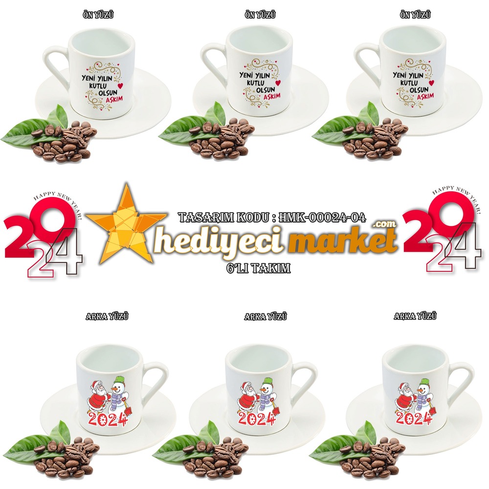 Yılbaşı Temalı Beyaz 6'lı Kahve Fincan Takımı - HMK-00024-04 - HM-01-00079-04