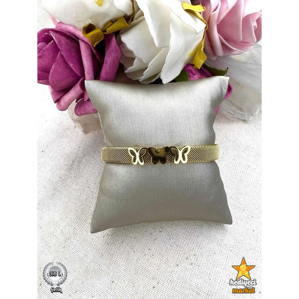 316 L Paslanmaz Gold Hasır Kelebek Model Çelik Kelepçe Bileklik - HMÇB-0017 || HM-03-00102-01