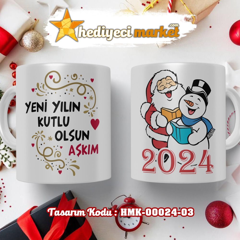 Kişiye Özel 2024 Yılbaşı Temalı Beyaz Kupa Bardak - HMK-00024-03 - HM-01-00077-03