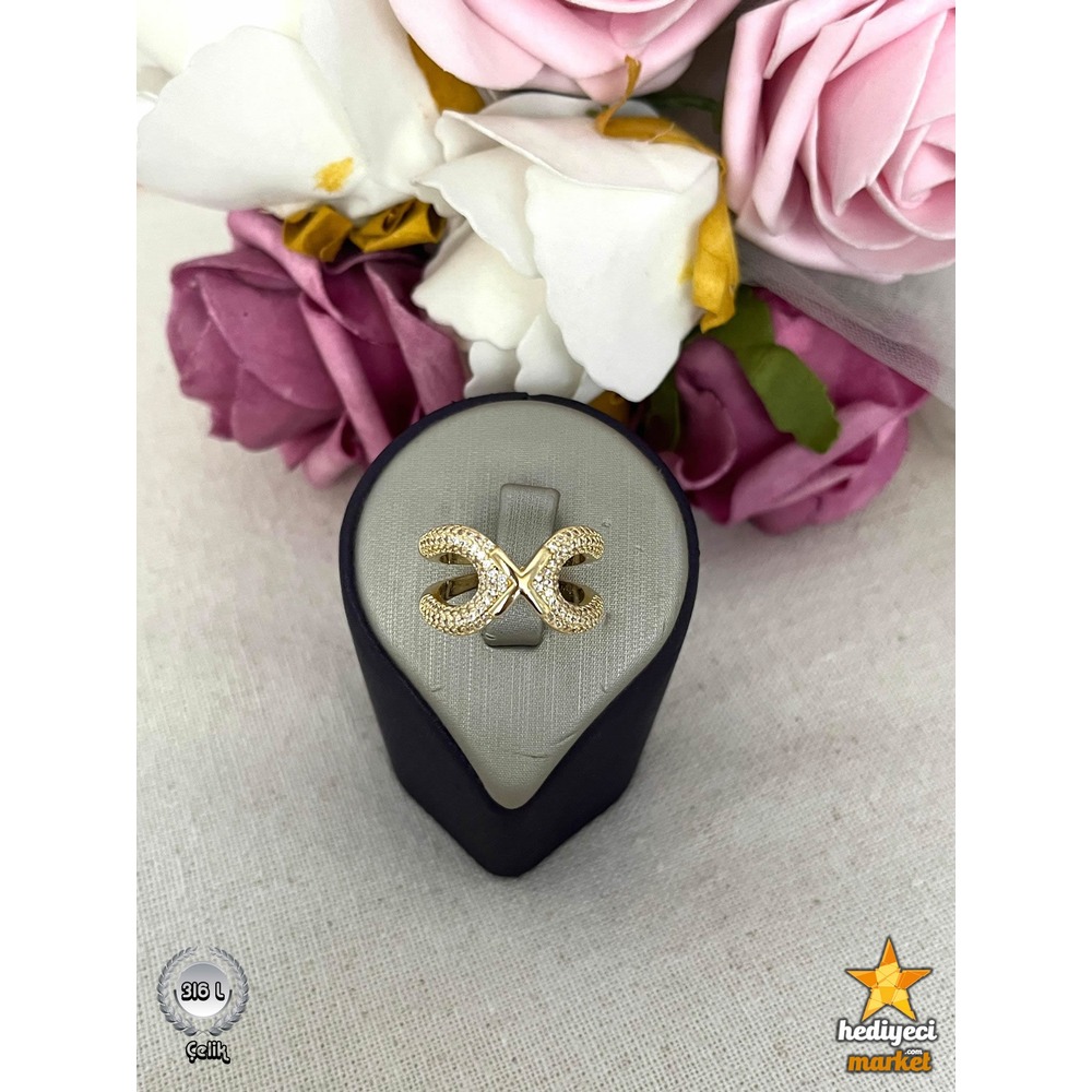 316 L 8 mm Gold Zirkon Taşlı X Geniş Ayarlanabilir Çelik Yüzük - HMÇY-0011 || HM-03-00094-11