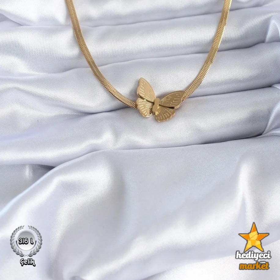 316 L Gold Renk Italyan Model Kelebek Figür Kadın Çelik Kolye - HMÇK-0056 || HM-03-00137-04