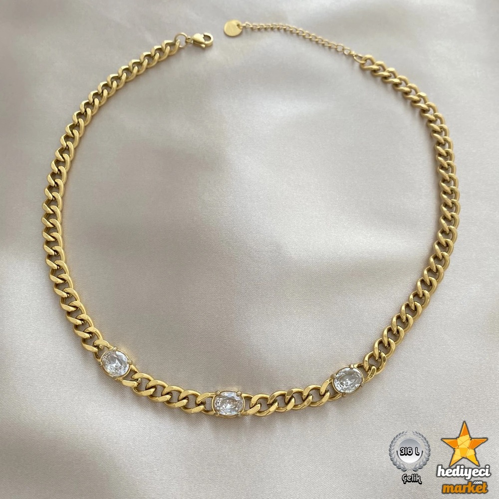 316 L Zirkon Taş Detay Gurmet Zincir Çelik Kolye - HMÇK-0038