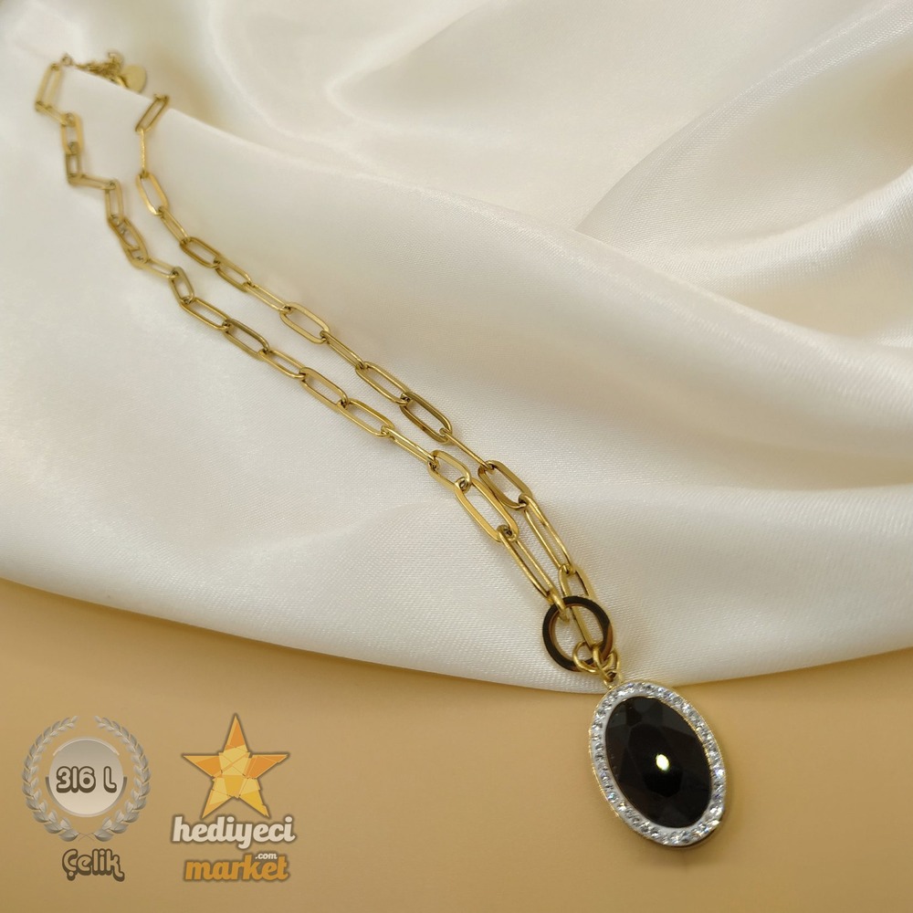 316 L Siyah Kesme Kristal Taşlı Zirkon Taş İşlemeli Çelik Kolye - HMÇK-0005 || HM-03-00047-01