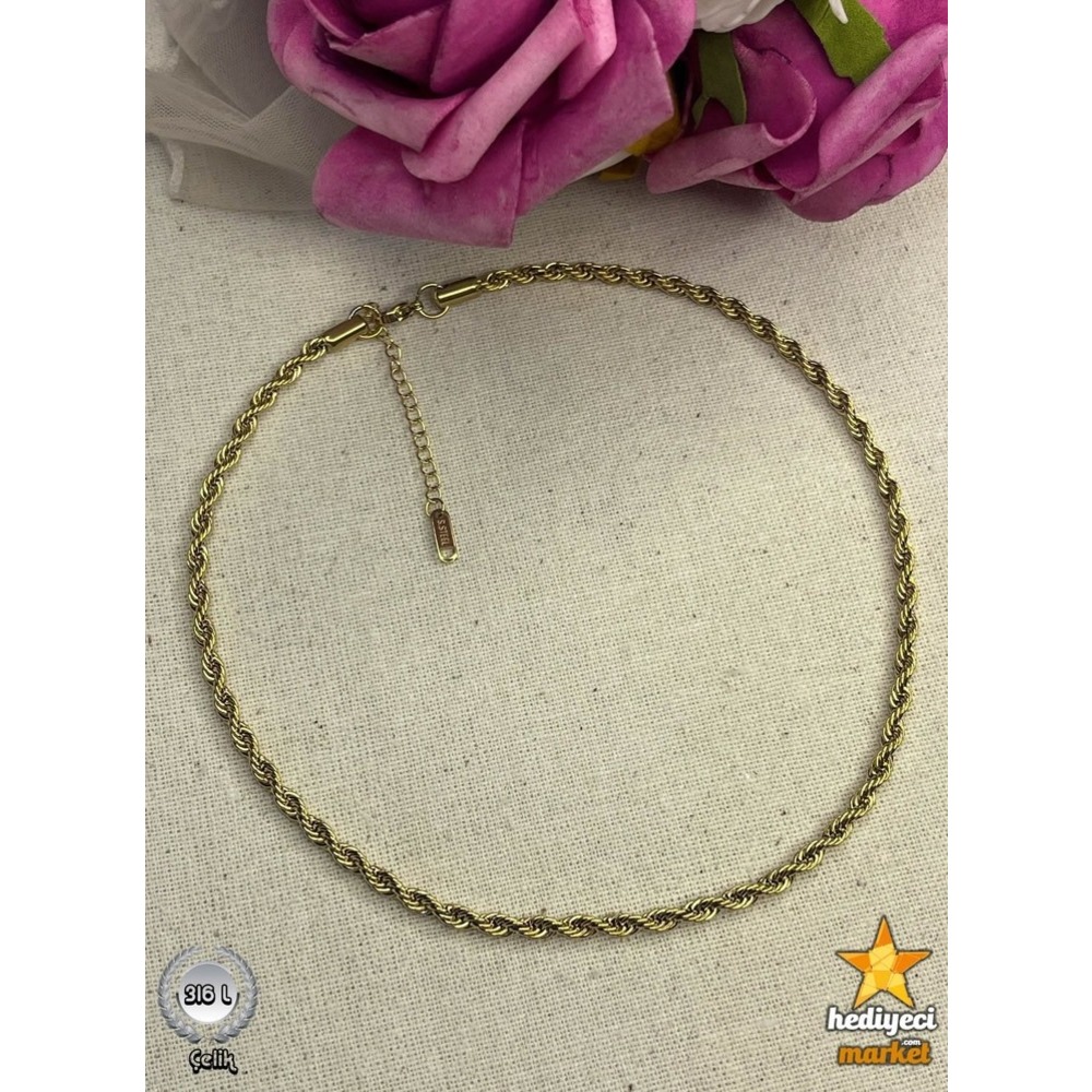 316 L Gold İnce Burgu Paslanmaz Çelik Zincir Kolye - HMÇK-0036