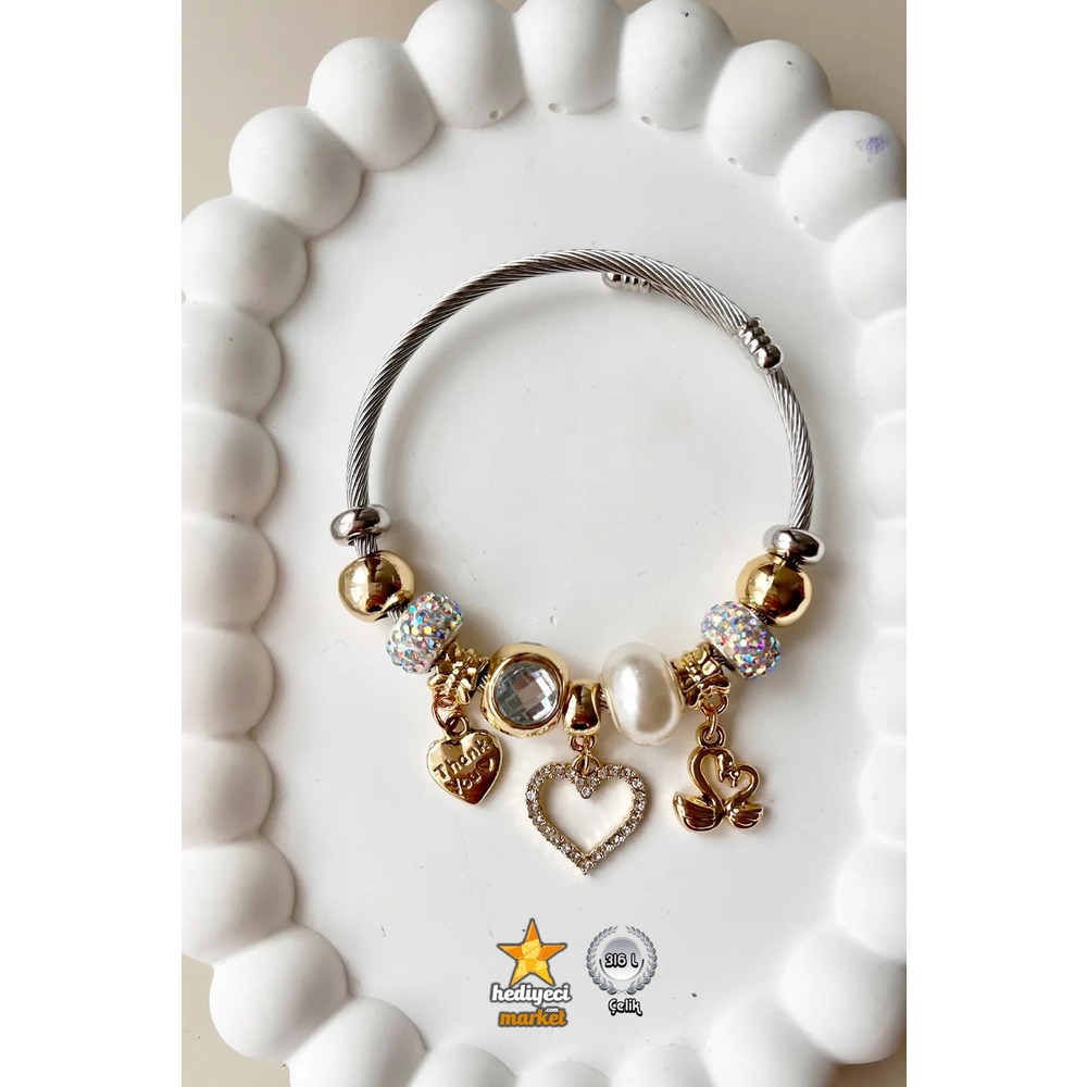 316 L Gold Leylek Sallantılı Çelik Pandora Model Bileklik - HMÇB-0028 || HM-03-00106-01