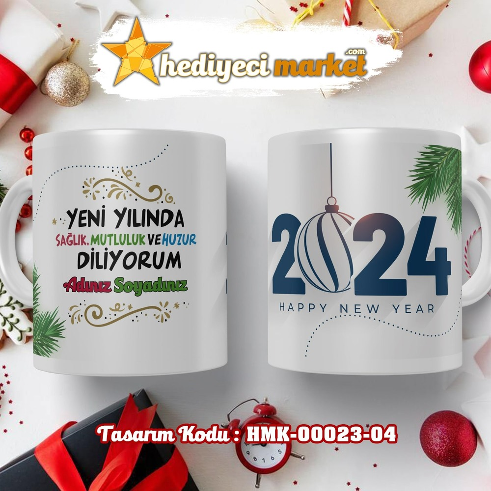 Kişiye Özel 2024 Yılbaşı Temalı Beyaz Kupa Bardak - HMK-00023-04 - HM-01-00075-04